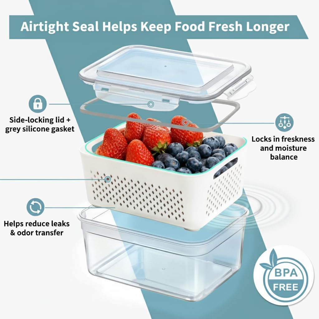 Fruit Storage Containers for Fridge 2 Pack, Fridge Organizers and Storage, Fruit and Vegetable Storage Produce Box with Drain Basket, Refrigerator Food Saver Set