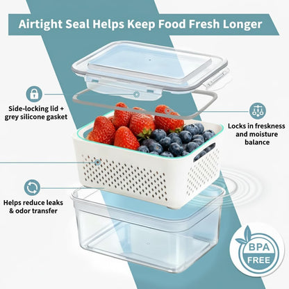 Fruit Storage Containers for Fridge 2 Pack, Fridge Organizers and Storage, Fruit and Vegetable Storage Produce Box with Drain Basket, Refrigerator Food Saver Set