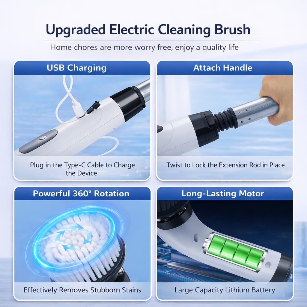 Premium Electric Bathroom Cleaning Brush, Waterproof Cordless Bathroom & Kitchen Cleaning Brush with Adjustable Handle & 9 Replaceable Heads – Powerful Deep Clean Tile, Grout, Tub, Window & Floor