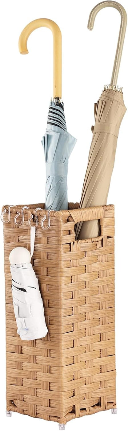 Rattan Umbrella Stand, Umbrella Holder for Entryway, Hand Woven Umbrella Rack Organizer Freestanding, with a Detachable Drip Tray, 4 Hooks, 11.8" L x 5.5" W x 16.5" H, Natural