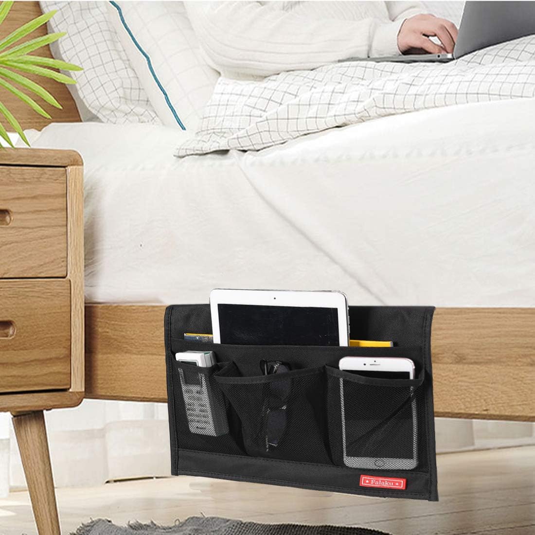 Bedside Caddy,Bedside Organizer Caddy Under Mattress,Holds Magazines,Books (4 Pockets-Grey)