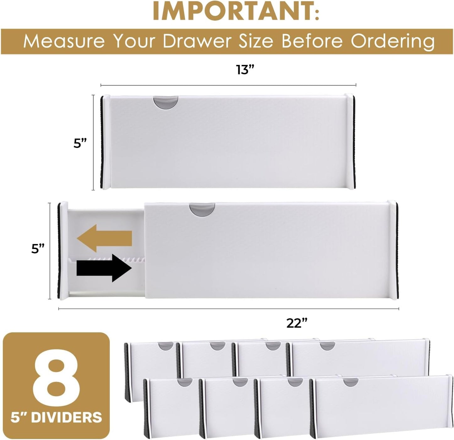 RAPTUROUS Adjustable Deep Drawer Divider – 6" Tall, Expandable 13-22", 4-Pack, Non-Slip Drawer Dividers for Clothes, Dresser, Kitchen & Office Organization (White)