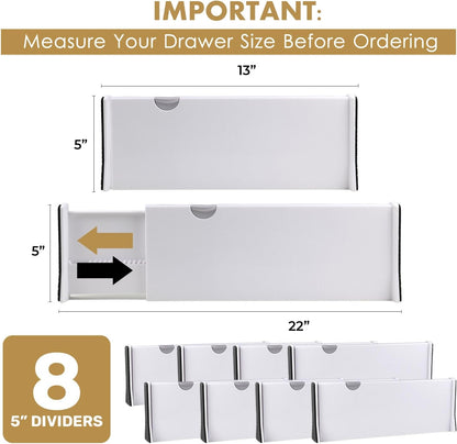 RAPTUROUS Adjustable Deep Drawer Divider – 6" Tall, Expandable 13-22", 4-Pack, Non-Slip Drawer Dividers for Clothes, Dresser, Kitchen & Office Organization (White)
