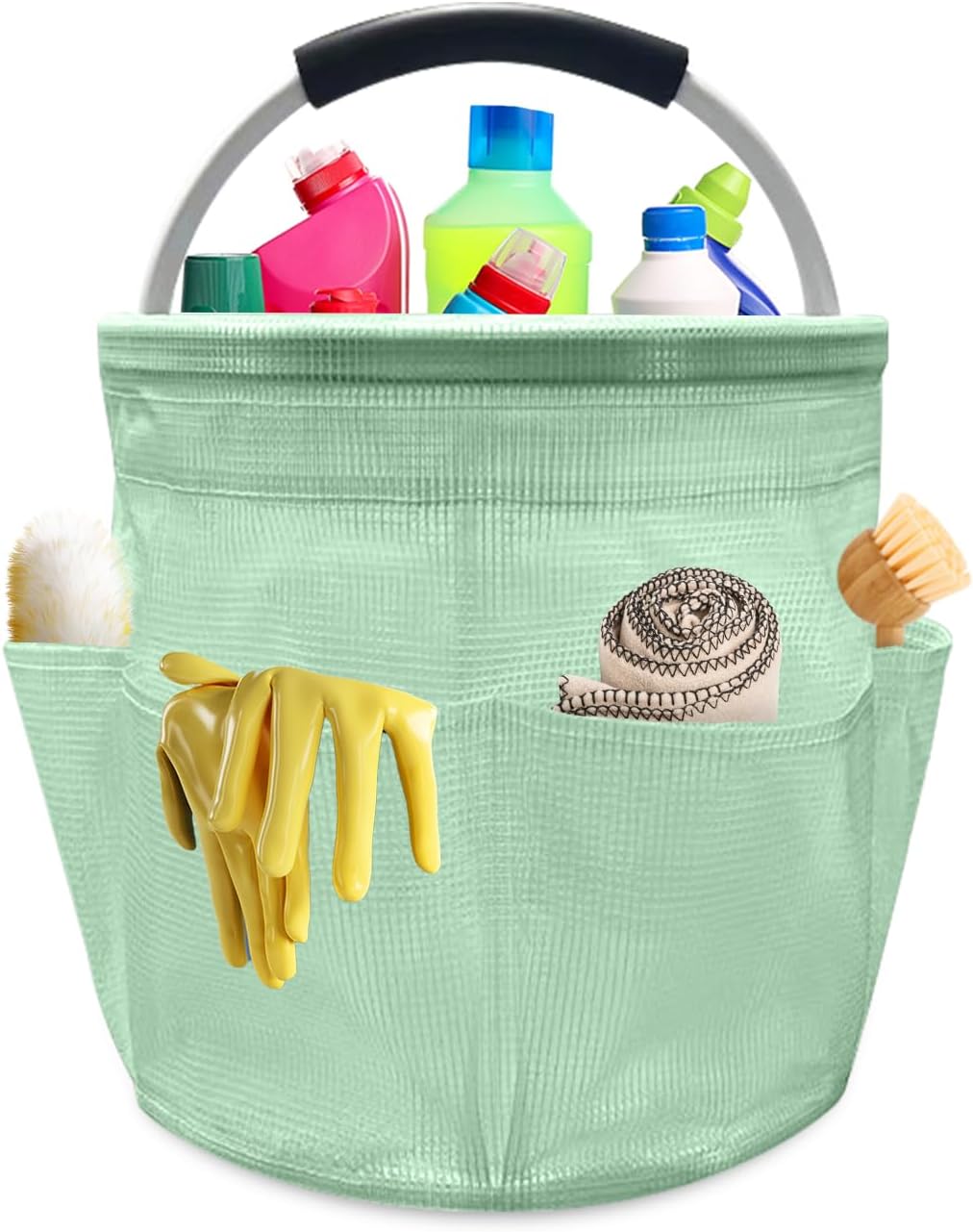 Qivine 17L Cleaning Caddy with Handle, Foldable Cleaning Supply Caddy(Blue) | Cleaning Caddy for Cleaning Supplies, Portable Cleaning Supplies Organizer with 6 Pockets, Cleaning Bucket for Kitchen Garden