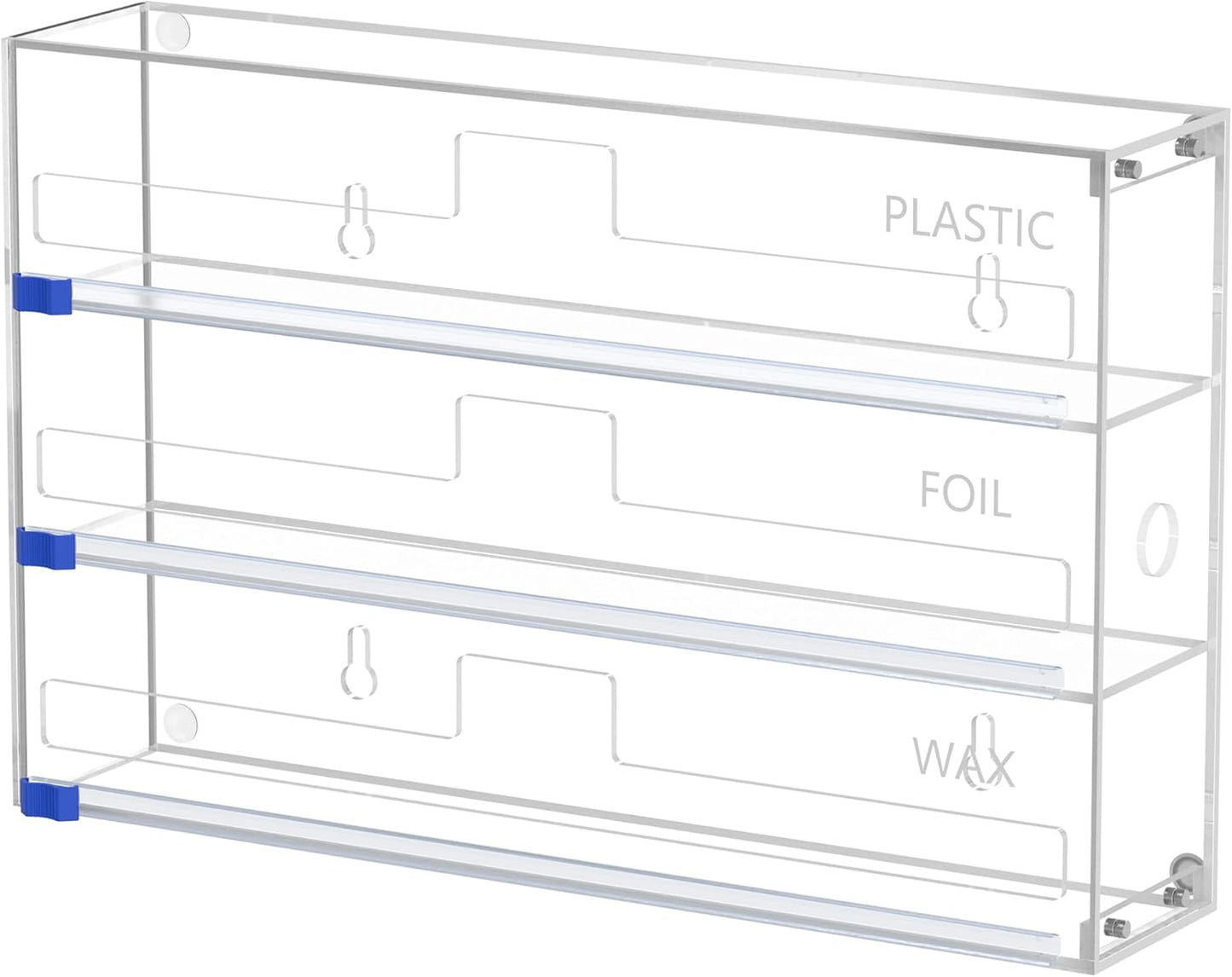 3 in 1 Clear Acrylic Foil, Plastic Wrap Organizer with Cutter | Kitchen Storage, Aluminum Foil Dispenser, Wax Paper Holder, For Drawer or Wall Mount, Fits 12 Inch Roll