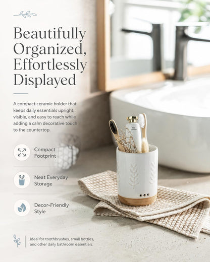 LYEOBOH Ceramic Toothbrush Cup, Cute Toothbrush Holder with Drainage White | Farmhouse Toothbrush Container, Countertop Toothbrush Organizer, Toothbrush Storage for Bathroom Vanity & Countertop