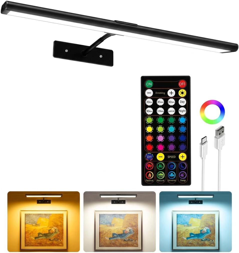 EZVALO Picture Light for Wall, 4800mAh Rechargeable Wireless Gold Light with IR Remote, Dimmable Magnetic LED Art Display Light with 3 Color Temperatures, for Gallery, Living Room, Bedroom(2Pack)