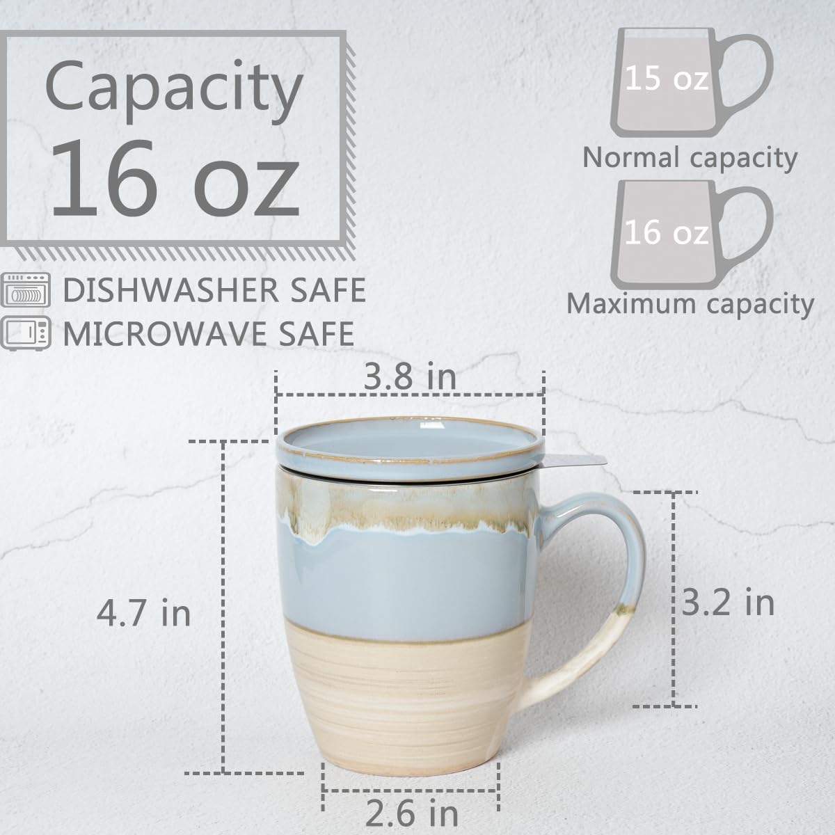 Bosmarlin Ceramic Tea Cup with Infuser and Lid, 16 Oz, Dishwasher and Microwave Safe, 5 Colors to Choose, Reactive Glaze, Steeping Tea Mug with Strainer (Green)
