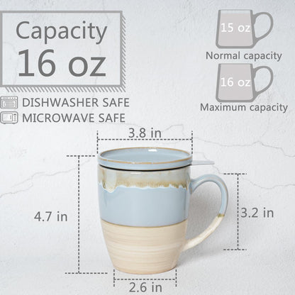 Bosmarlin Ceramic Tea Cup with Infuser and Lid, 16 Oz, Dishwasher and Microwave Safe, 5 Colors to Choose, Reactive Glaze, Steeping Tea Mug with Strainer (Green)
