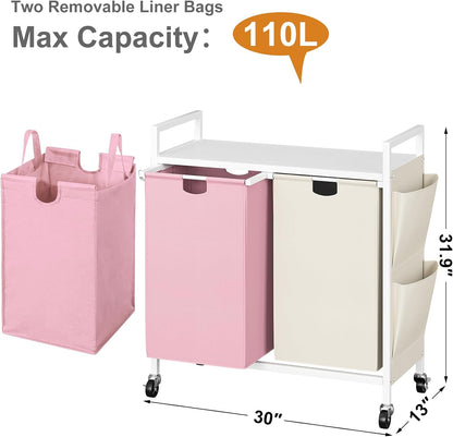 WOWLIVE Double Laundry Hamper with Wheels, Rolling Laundry Basket Organizer | Laundry Hamper 2 section with Lid, Iron-Made Laundry Sorter with Shelf, Removable Bags, Large Clothes Storage, White