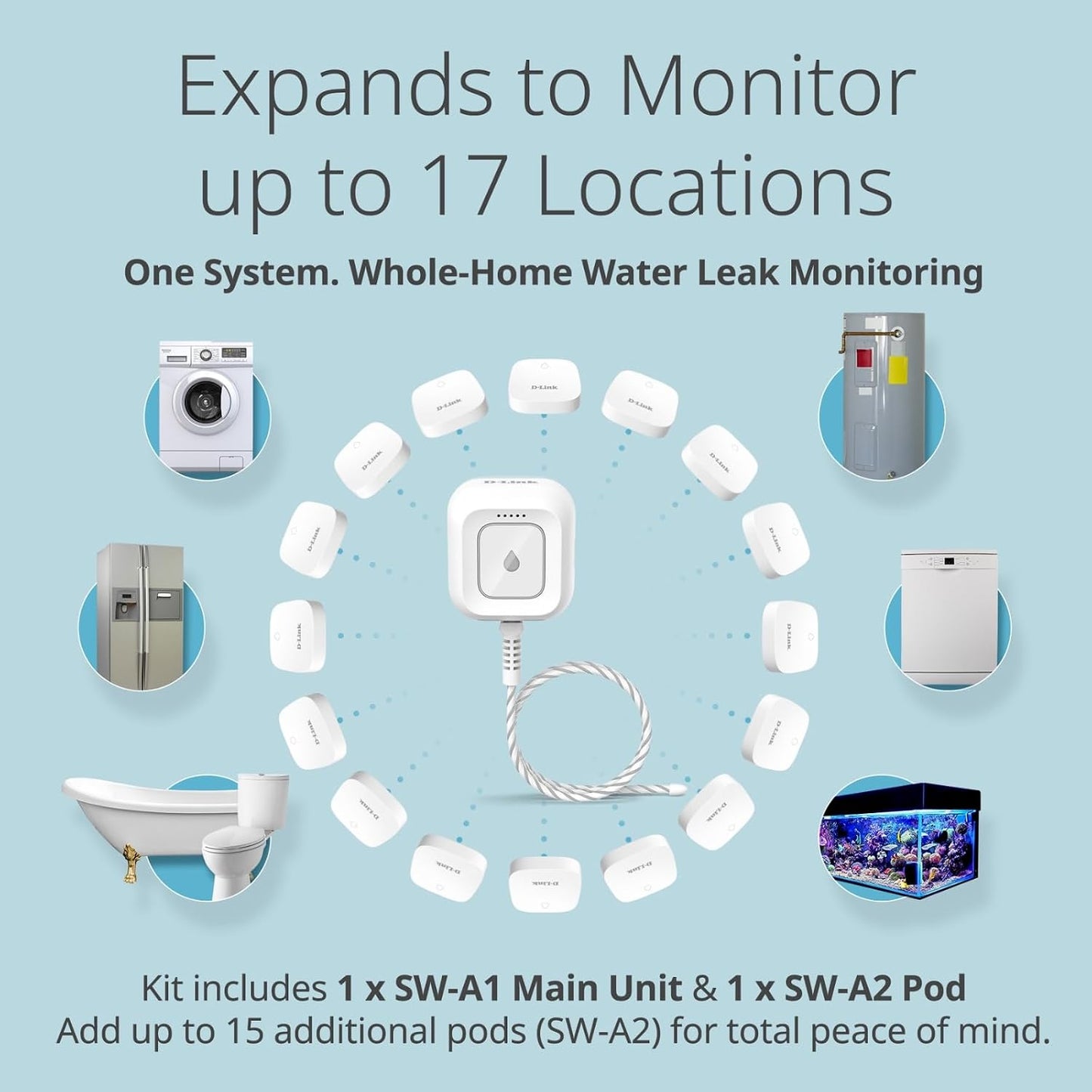 D-Link Next-Gen WiFi Water Leak Detector Starter Kit with 2 sensors—Loud 100 dB Sound Alarm—App Alert—LED Strobe Light—No Hub Required—Works with Google—1000ft Ultra-Long Range—Expandable (SW-A11KT)