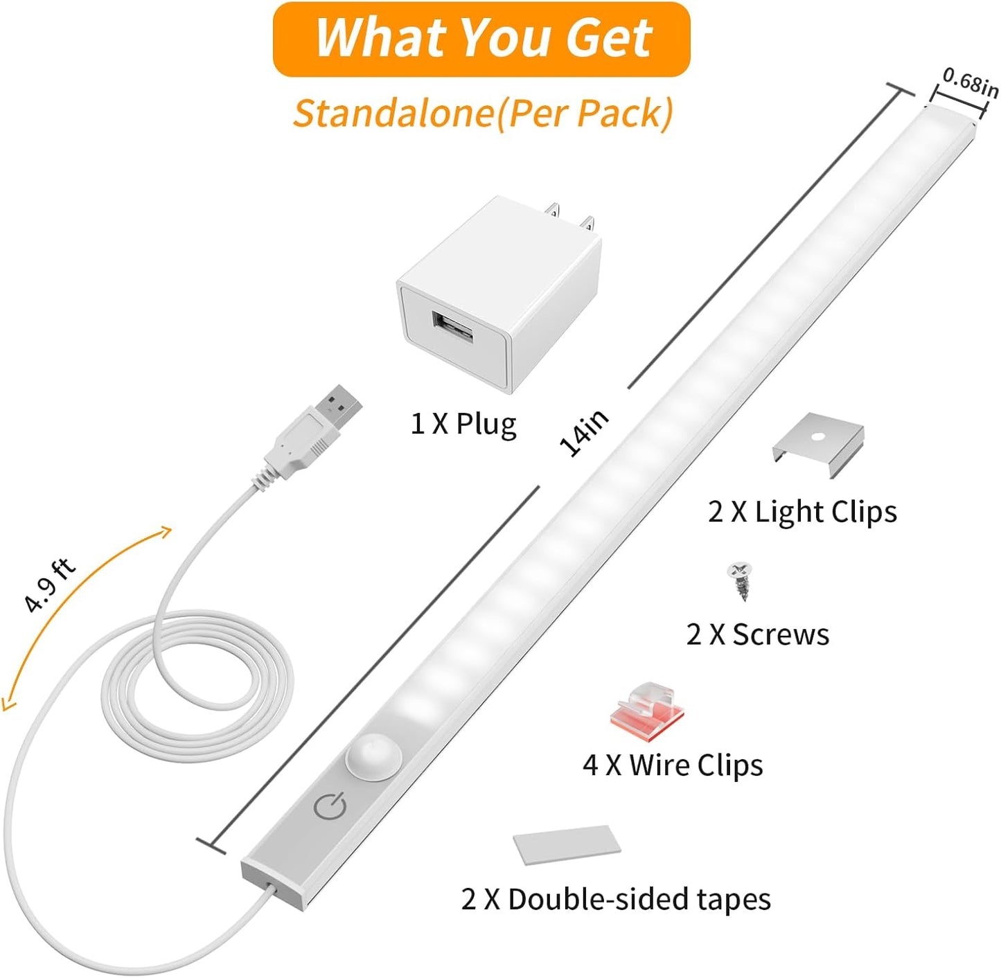 USB Plug-in Motion Sensor Light, ON/Night/Day Modes, Bright&Dimmable | 14" Slim LED Under Cabinet Lighting Indoor for Kitchen, Cabinet, Closet - 6000K Cool White, 1-Bar Standalone
