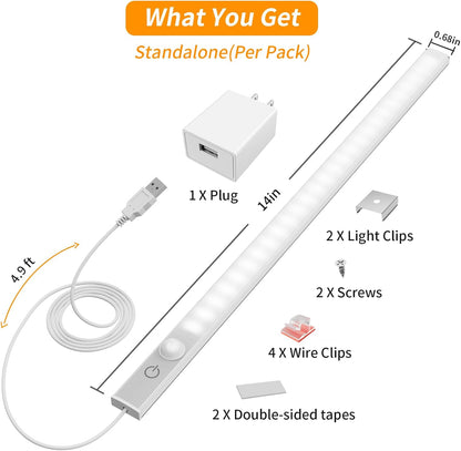 USB Plug-in Motion Sensor Light, ON/Night/Day Modes, Bright&Dimmable | 14" Slim LED Under Cabinet Lighting Indoor for Kitchen, Cabinet, Closet - 6000K Cool White, 1-Bar Standalone