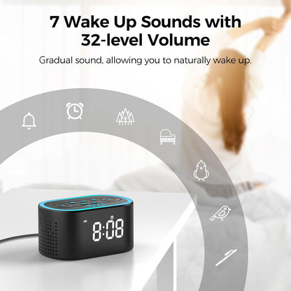 REACHER Digital Alarm Clock & White Noise Sound Machine for Bedroom | 21 soothing sounds, 7 wake-up sounds, 8 color night lights, adjustable volume, sleep timer, memory function for kids, teens