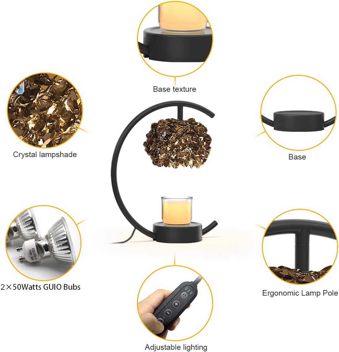 Yeuslor Gold Candle Warmer Lamp for Jar Candles with Adjustable Brightness＆Timer，Handcrafted Crystal＆Wooden Base, Luxurious Design,Home Decoration Electric Candle lamp(C-Shaped)