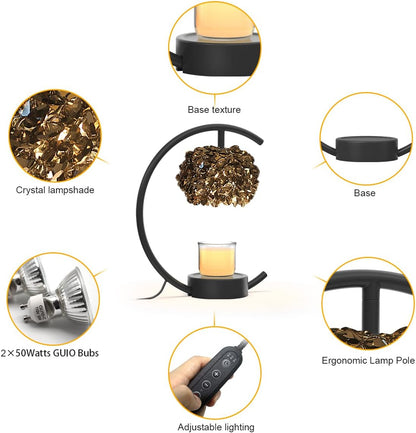 Yeuslor Gold Candle Warmer Lamp for Jar Candles with Adjustable Brightness＆Timer，Handcrafted Crystal＆Wooden Base, Luxurious Design,Home Decoration Electric Candle lamp(C-Shaped)