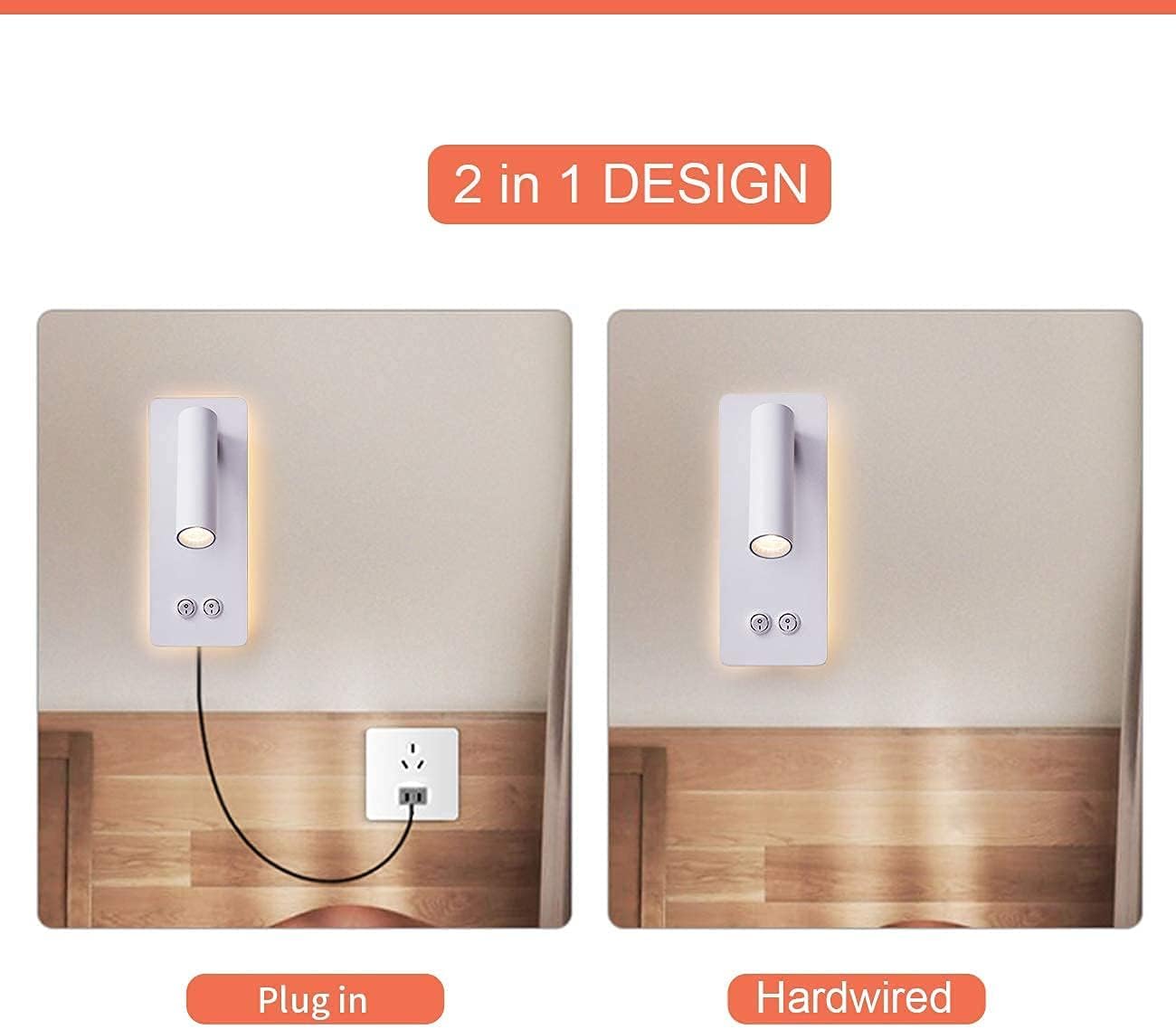 LED wall lamp and reading light two-in-one multifunctional wall sconces. LED Wall Lamp Plug in for Bedroom Bedside Wall Sconces Set of Two Black Reading Light 3W+6W Night Light 3000K(BLACK)
