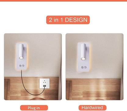 LED wall lamp and reading light two-in-one multifunctional wall sconces. LED Wall Lamp Plug in for Bedroom Bedside Wall Sconces Set of Two Black Reading Light 3W+6W Night Light 3000K(BLACK)