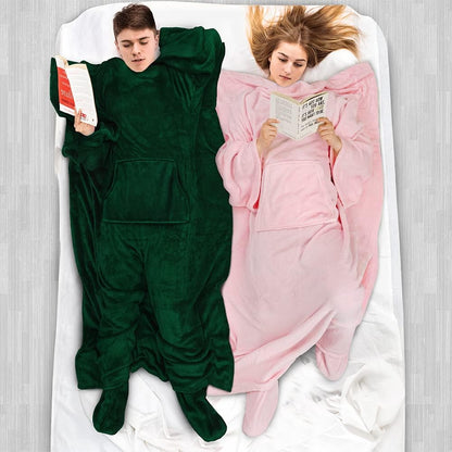 PAVILIA Fleece Blanket with Sleeves and Foot Pockets Women Men, Dark Purple