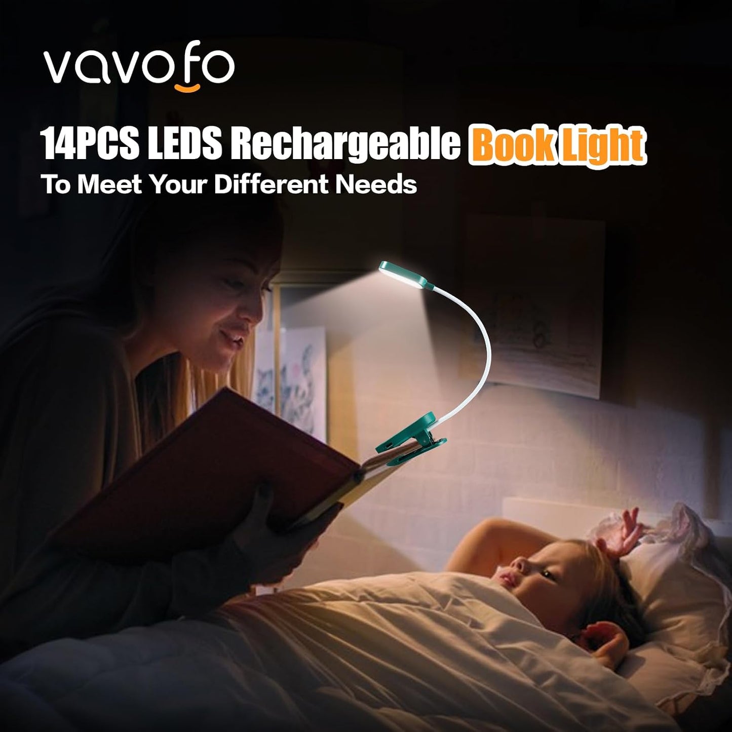 VAVOFO Rechargeable Book Light, 14 LEDs Eye Care Clip On Amber Reading Light for Bookworms Reading in Bed with 9 Colors 9 Brightness (Blue)