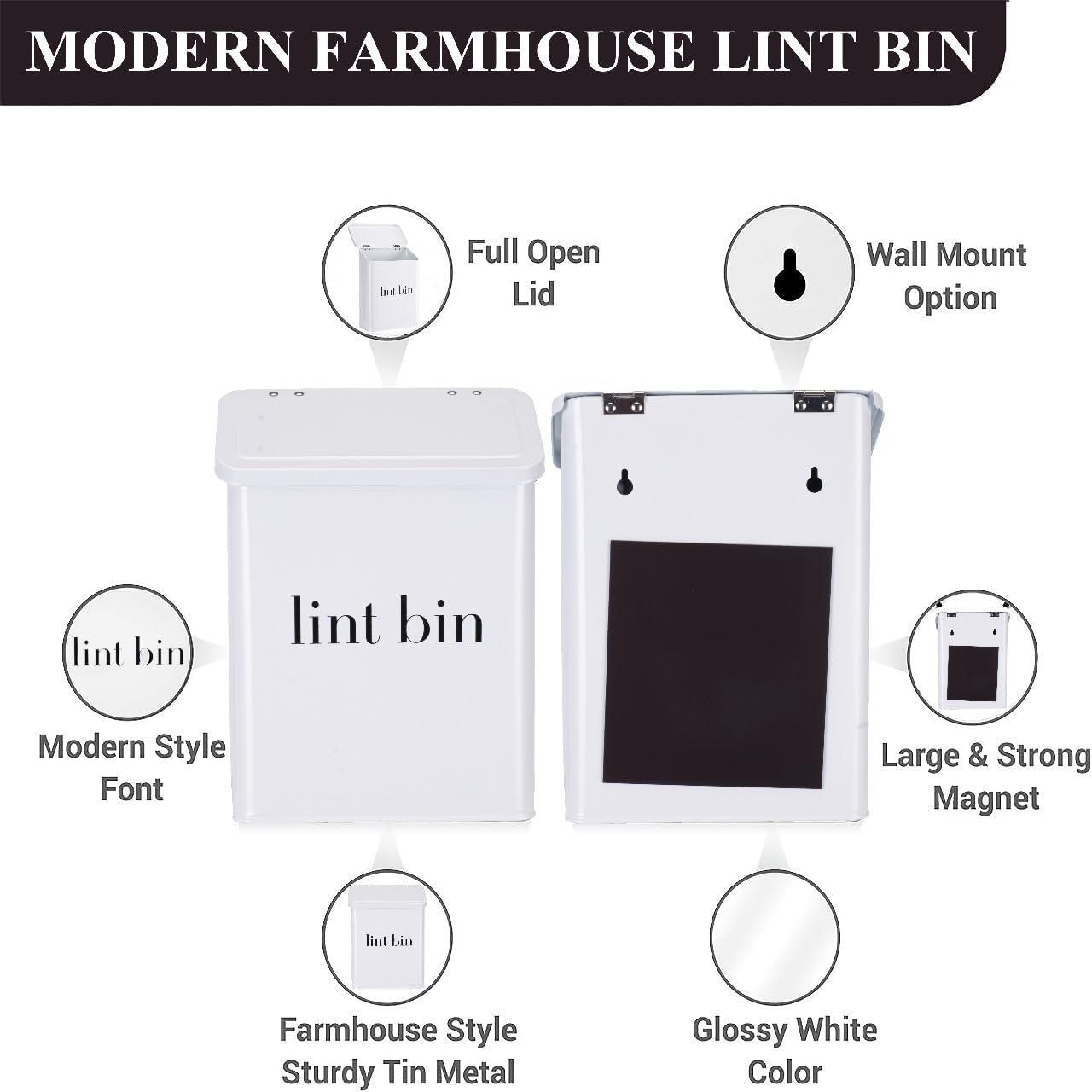 Magnetic Lint Bin with Lint Brush, two white hooks, one black back hook & all accessories for Laundry Room decor, Wall-Mounted Lint Bin with Lid, Powder Coated, Space-Saving Trash Can (Black)