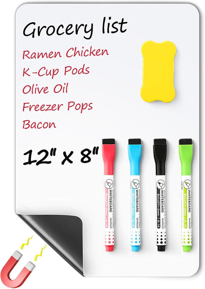 4 PACK Magnetic Dry Erase Board Sheet for Fridge, 12"x8" Erasable Refrigerator WhiteBoard w/ 6 Markers & 1 Eraser- Smooth and Flexible Small Magnet Blank Notepad for Home Kitchen Organizer and Planner