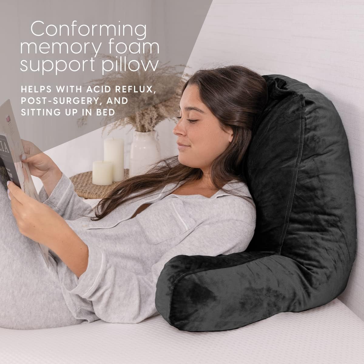 Milliard Reading Pillow with Arms, Grey, Shredded Memory Foam Back Pillow for Bed Sitting Up - Sit Up Backrest Support for Reading & Rest Bed - Washable Cover, Adjustable Comfort, CertiPUR Certified