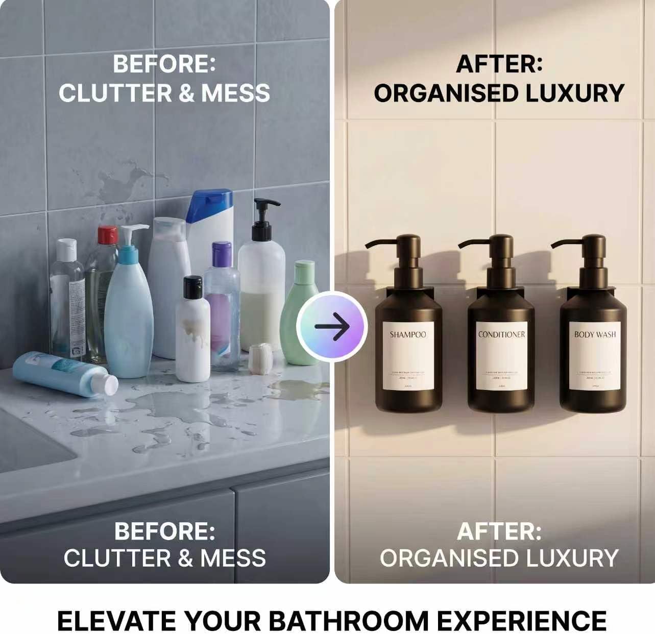 Shampoo and Conditioner Dispenser Set of 3 for Wall Mount | 16.9 fl oz Drill Free Shower Soap Bottles,Refillable Body Wash Dispensers for Bathroom Decor (Amber Bottles + Bamboo Pumps)