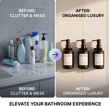 Shampoo and Conditioner Dispenser Set of 3 for Wall Mount | 16.9 fl oz Drill Free Shower Soap Bottles,Refillable Body Wash Dispensers for Bathroom Decor (Amber Bottles + Bamboo Pumps)