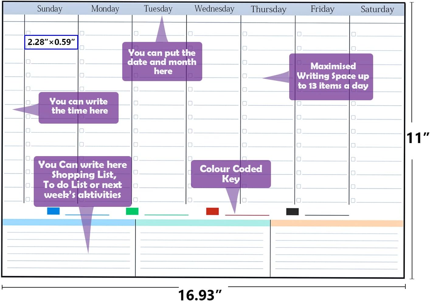 POPRUN Dry Erase Weekly Calendar Whiteboard, Magnetic Hourly Schedule Board | 16.9 x 11" Weekly Planner for Fridge, Time Slots, Family Daily Planning for Refrigerator, Homeschool, Work