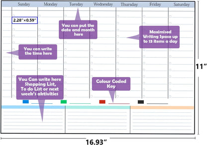 POPRUN Dry Erase Weekly Calendar Whiteboard, Magnetic Hourly Schedule Board | 16.9 x 11" Weekly Planner for Fridge, Time Slots, Family Daily Planning for Refrigerator, Homeschool, Work