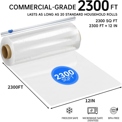 12" x 2300 SqFt Plastic Wrap with Slide Cutter, Cling Wrap for Kitchen | Commercial Size Extra-Long Roll with Built-in Roller, Heavy Duty Plastic Food Wrap for Home or Restaurant BPA Free