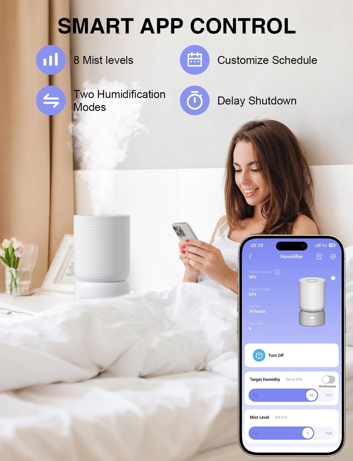 CLEVAST Humidifiers for Bedroom - Smart 1 Gal Cool Mist Top Fill Humidifier with Essential Oil Diffuser, Quiet Operation for Baby Nursery, Home, Office, Room