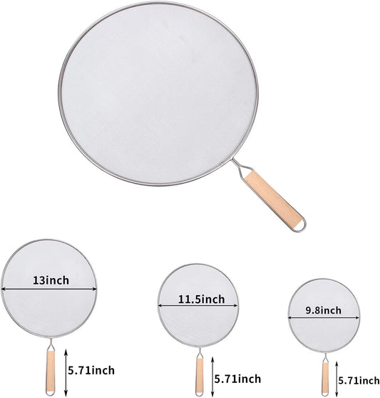 3PCS Grease Splatter Screen for Frying Pan,Stainless Steel Grease Guard | Grease Splatter Guard Shield for Kitchen Frying Pan Cooking Supplies Set of 9.44", 10.8" and 12.5" inch (Wood Handle)