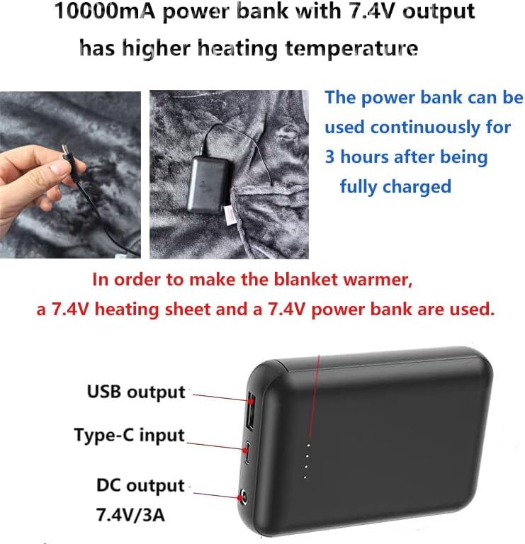 Cordless Heated Blanket Wearable Heated Blanket Shawl, Portable Heated Blanket, 3 Gears 7 Heating Zones Cordless Zip Heated Throw Blanket for Women, Outdoor（with Power Bank 7.4V