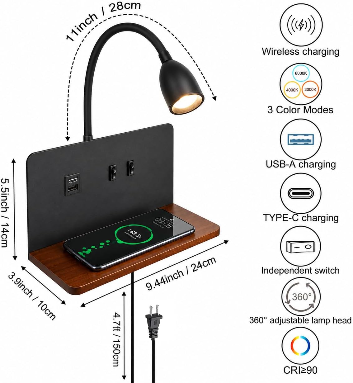 Bedside Wall Sconce with Wireless Charging Station & USB Charging, 3 Adjustable Color Temperatures LED Reading Light, 3000K Warm Ambient lighting Wall Mounted Sconce for Bedroom, Plug-in or Hardwired