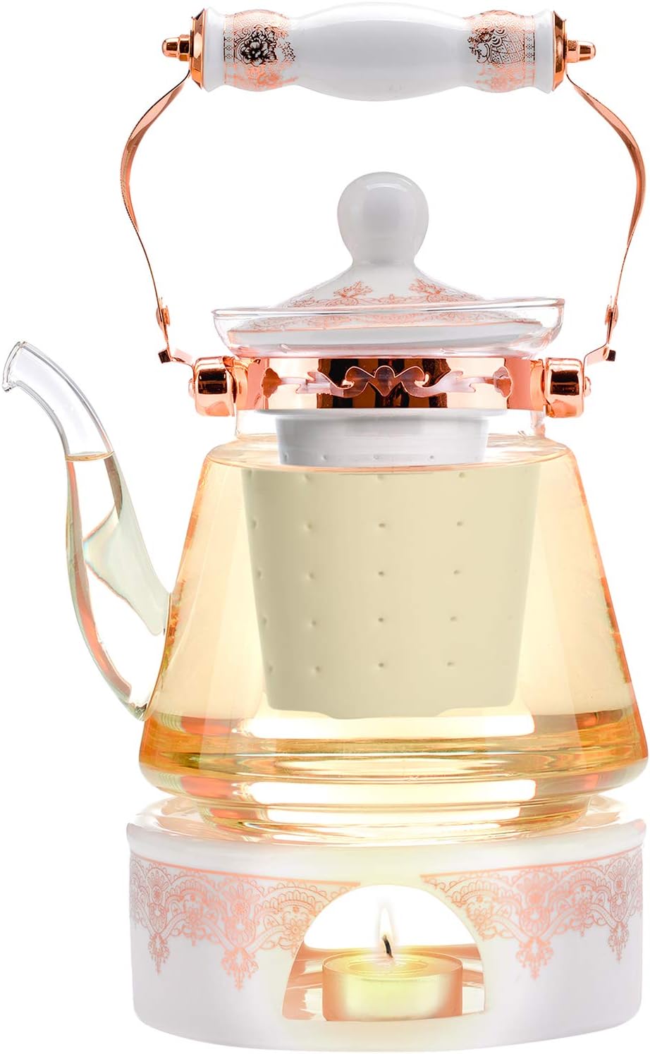 Teabloom Buckingham Palace Teapot & Flowering Tea Gift Set (6 Pieces) - Stovetop Safe Glass Teapot (40 OZ / 1.2 L / 4-5 CUPS), Porcelain Lid, Tea Warmer, Loose Tea Infuser, 2 Gourmet Rose Tea Flowers
