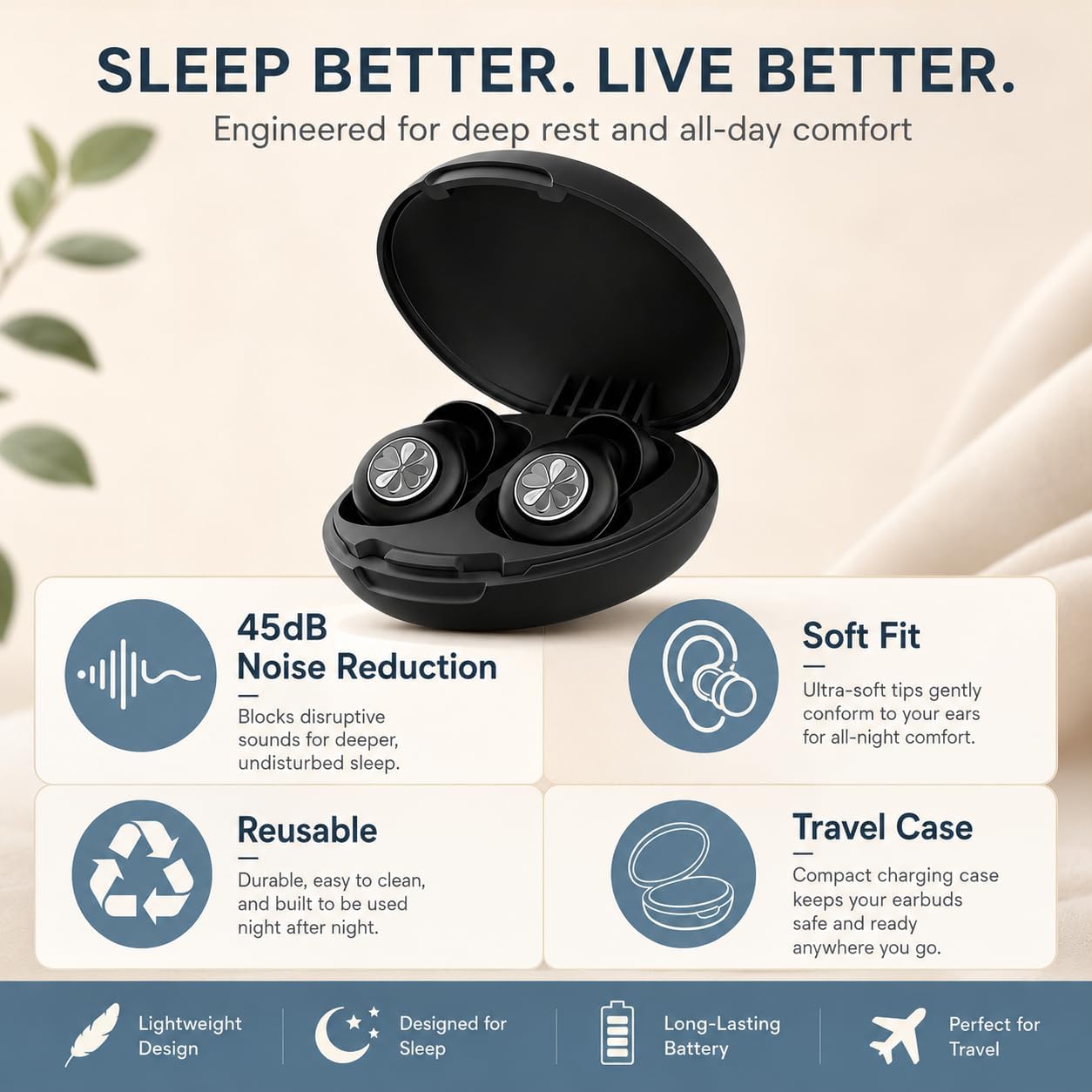 HEKKE 45dB Ear Plugs for Sleeping, Soft Silicone for Side Sleepers, 4 Sizes | Reusable soft silicone with XS/S/M/L sizes for side sleepers, concerts, flights and hotels; carrying case included.