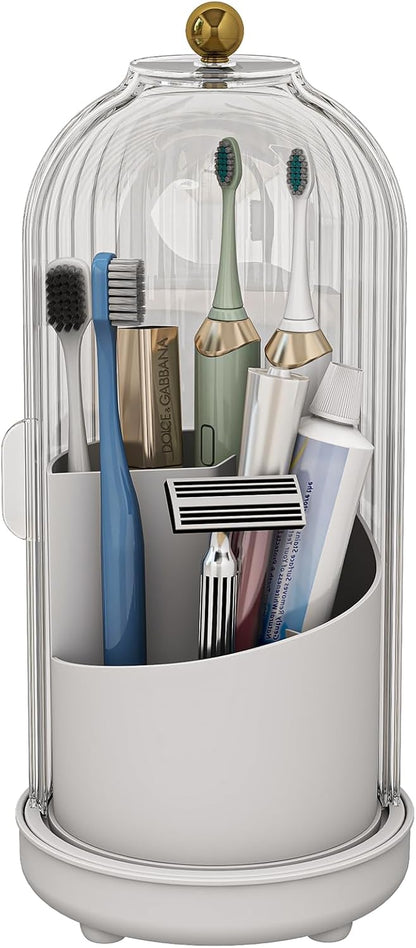 Drainable Toothbrush Toothpaste Holders with Cover, Transparent | Drainage Holes, Waterproof and Dustproof, 360° Rotating Base, Sliding Door, for Bathroom Counter