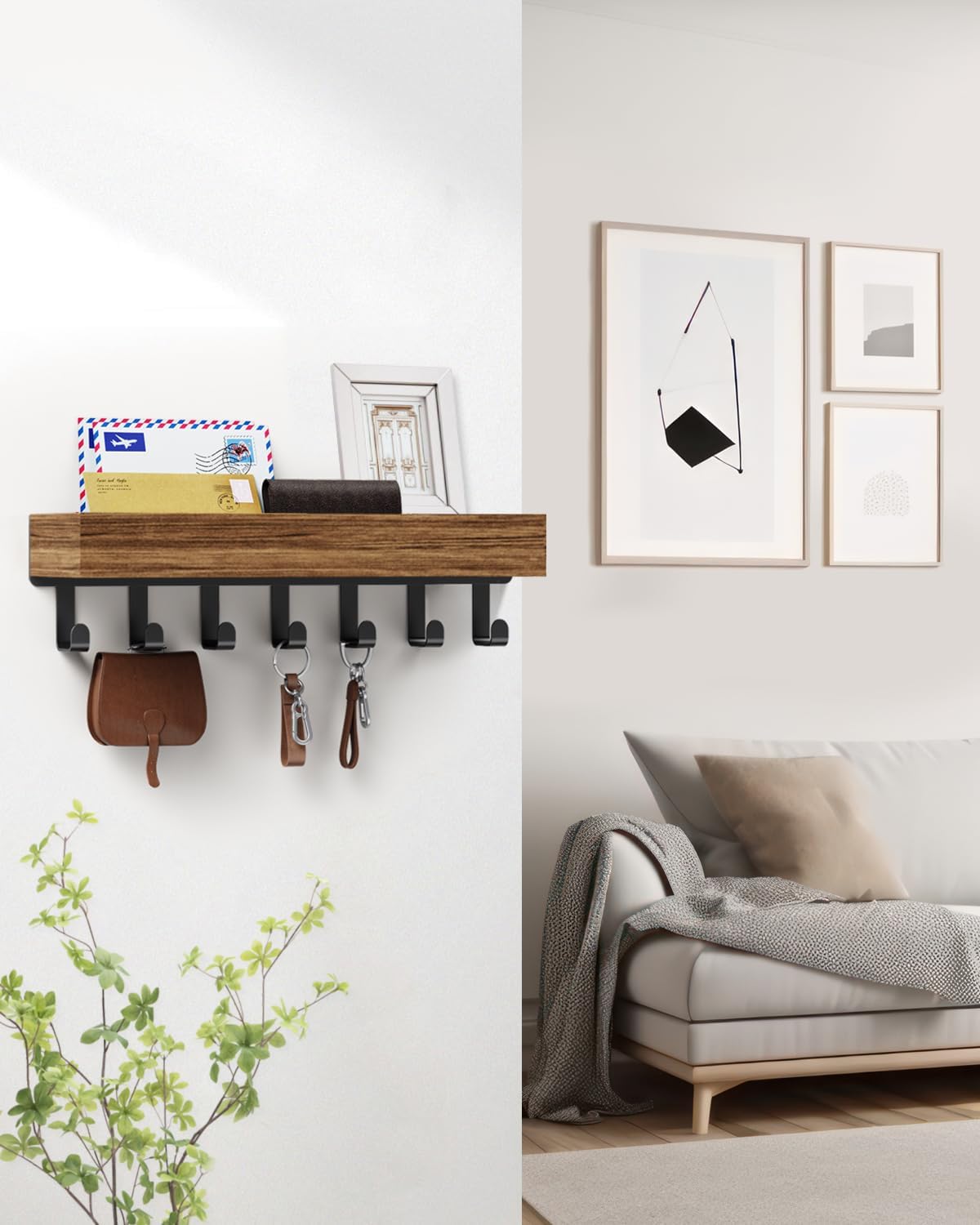 Key Holder Wall Mount Magnetic Adhesive, Key Hooks Rack with Shelf | Key Hanger with Mail Organizer for RV Camper Fridge Living Room Decor, Home Essentials, Black
