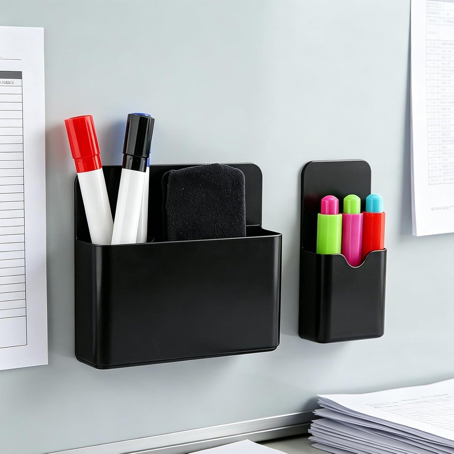 3 Pack Magnetic Pen Holder, Strong Magnetic Dry Erase Marker Organizer with Generous Compartments, Pen Pencil Organizer for Whiteboard, Fridge, Home Office School, Black
