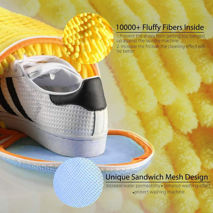 Shoe Washing Bag for Washing Machine, Fluffy Fibers Keep 360° Wrap-around Cleaning, Adjustable Shoe Trees, Durable Hidden Zipper Reusable Laundry Bag for Sneaker Gym Shoes White