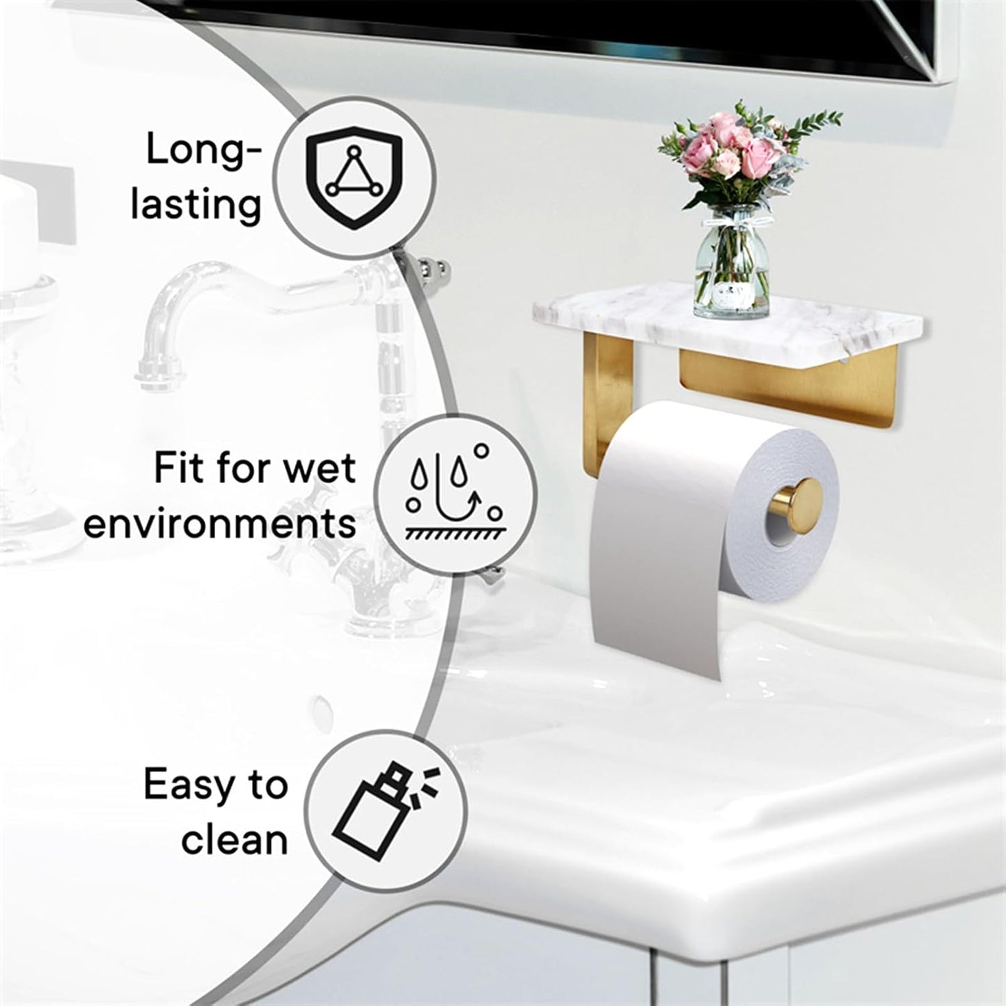 Toilet Paper Holder with Natural Marble Shelf for Bathroom Washroom,Wall Mounted Tissue Holder Suitable for Mega Roll (Brushed Nickel,Small 6.7 * 4.3 in)
