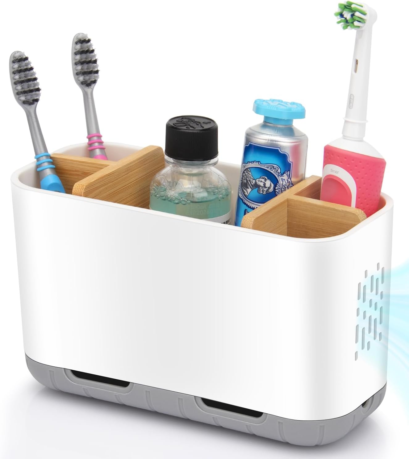 GFWARE Toothbrush Holders for Bathrooms - Bamboo Divider Toothbrush and Toothpaste Holder with Drainage, Kids Electric Toothbrush Organizer for Bathroom Countertop, White Tooth Brush Holder | 5 Slots Toothbrush and Toothpaste Holder with Bamboo Divider,