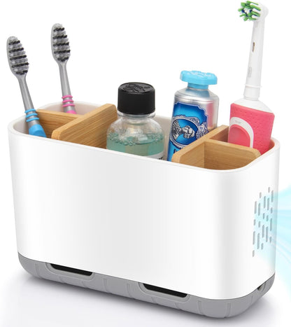 GFWARE Toothbrush Holders for Bathrooms - Bamboo Divider Toothbrush and Toothpaste Holder with Drainage, Kids Electric Toothbrush Organizer for Bathroom Countertop, White Tooth Brush Holder | 5 Slots Toothbrush and Toothpaste Holder with Bamboo Divider,
