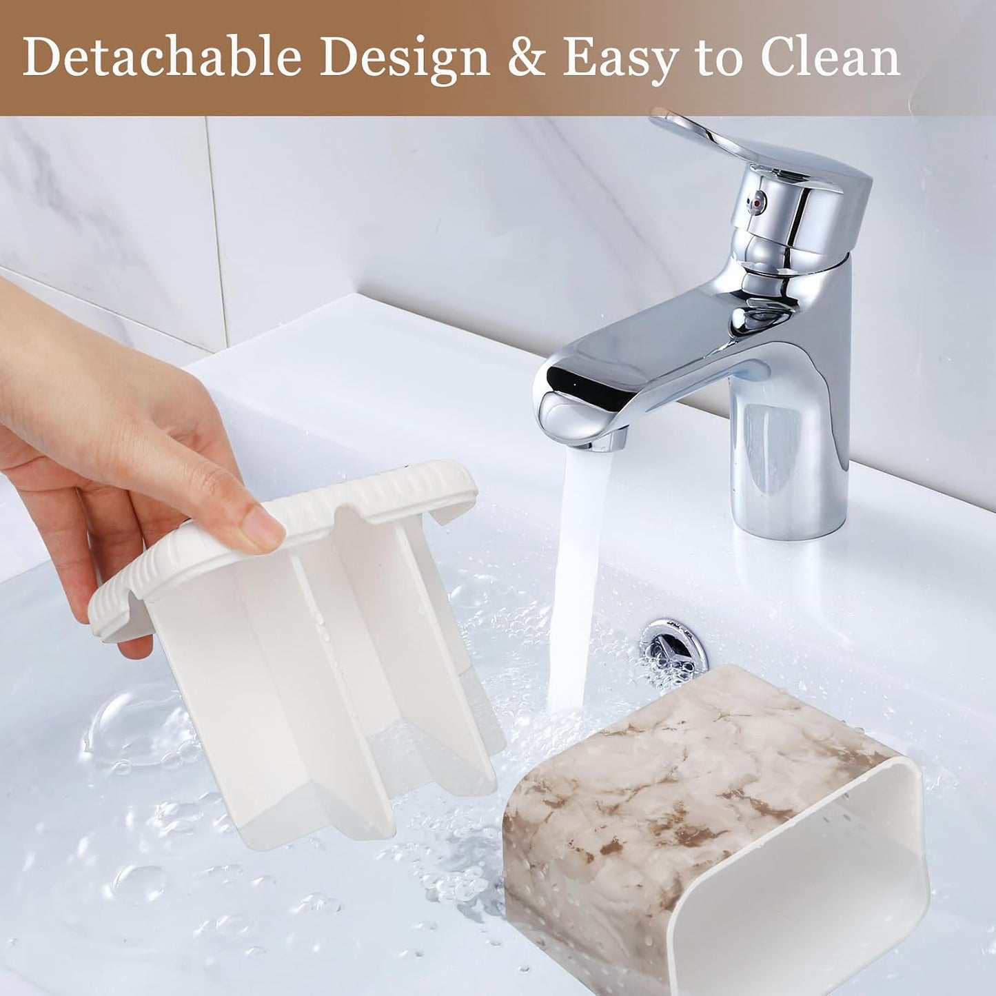 Bathroom Toothbrush Holders, Toothbrush and Toothpaste Holder (Wood Grain) | Easy To Clean, Drainage, Removable, Non-Slip, 4 Slots Tooth Brush Holder for Bathroom Countertop Organizer