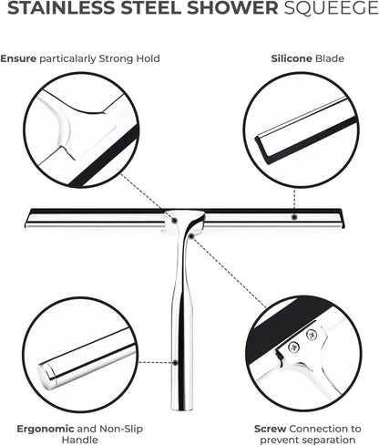 Matte Black Shower Squeegee for Glass Doors with Adhesive Hooks, Squeegee for Shower Glass, Cleaner Tool for Bathroom Household Window Mirror Tile Wall Car, 10 Inch Black