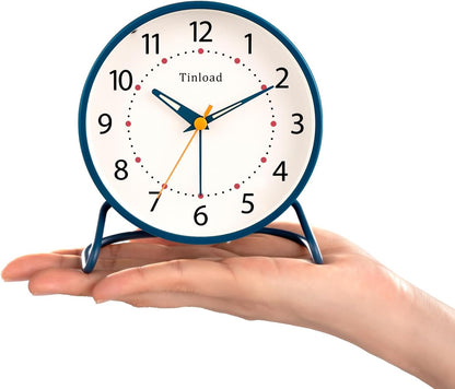 Tinload 4.5" Battery Operated Analog Alarm Clock, Small Silent Bedside Desk Clock with Night Light, Blue