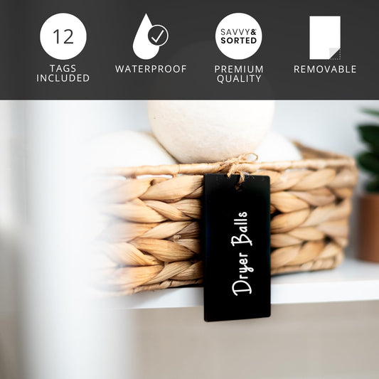 SAVVY & SORTED 12 Clear Basket Tags 3.5” x 2”, Acrylic Hanging Tags for Storage Bins with Jute String, Personalized Gift Tag for Clothes Kitchen Pantry Office Organization