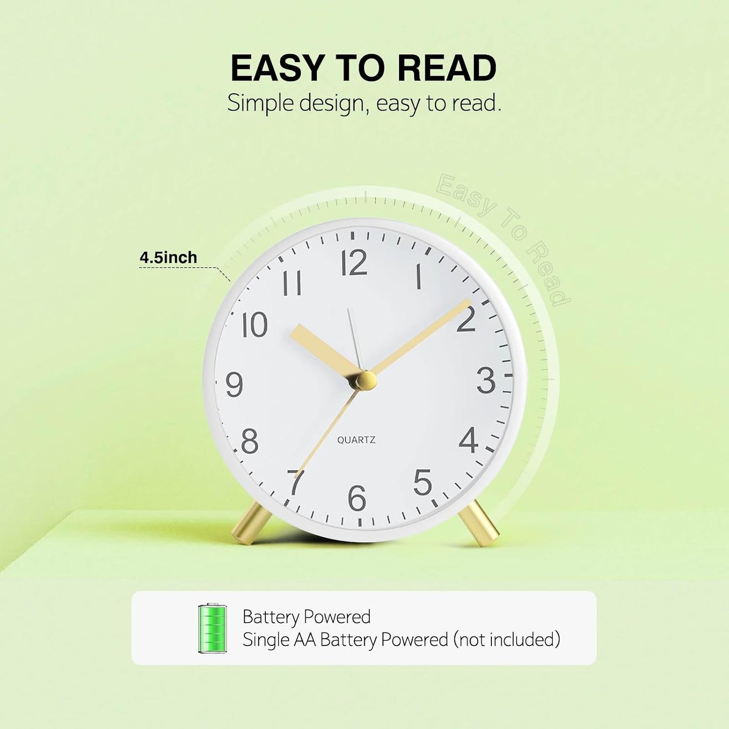 Back to School Silent Analog Quartz Alarm Clock for Kids Bedroom,Night Light, Battery Operated, Fashionable Round Metal